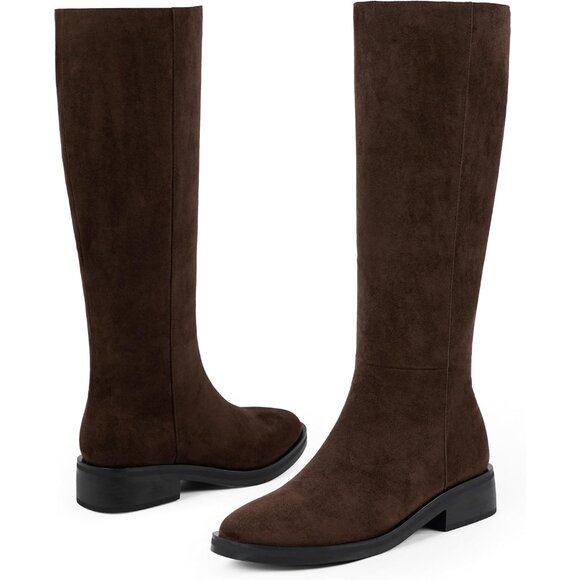 Women Polyurethane Suede Chocolate Round Toe Flat Side Zipper Knee High Boots - Picture 3 of 8